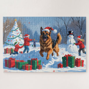 Deutscher Schäferhund läuft mit Weihnachtshut im S Puzzle