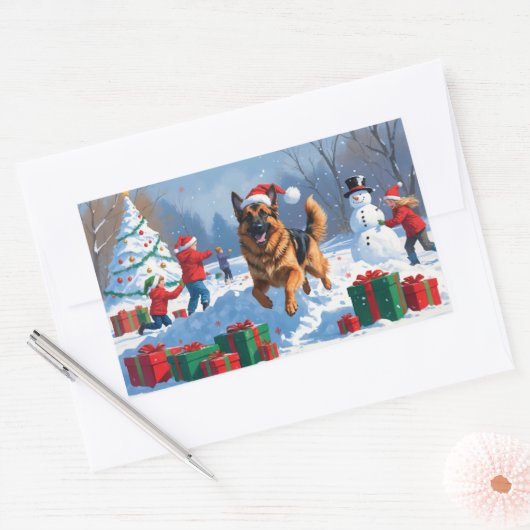 Deutscher Schäferhund läuft mit Weihnachtshut im S Rechteckiger Aufkleber (Umschlag)