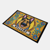 Deutscher Schäferhund mit Blume willkommen Fußmatte (Schrägansicht)