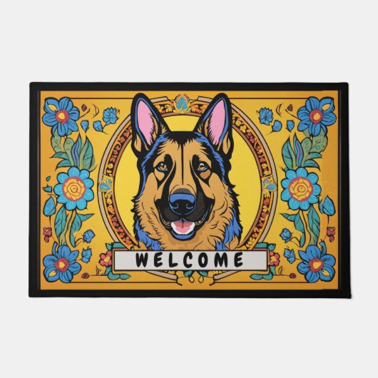 Deutscher Schäferhund mit Blume willkommen Fußmatte (Vorderseite)