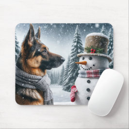 Deutscher Schäferhund mit Holiday Snowman Mousepad