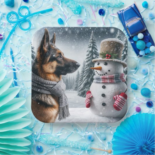 Deutscher Schäferhund mit Holiday Snowman Pappteller (Party)