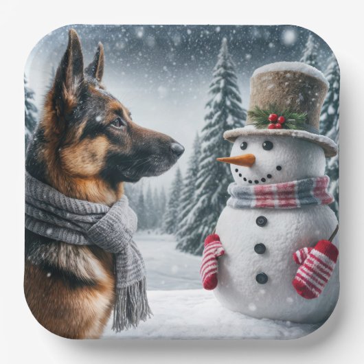 Deutscher Schäferhund mit Holiday Snowman Pappteller (Vorderseite)