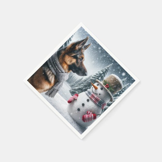 Deutscher Schäferhund mit Holiday Snowman Serviette (Ecke)
