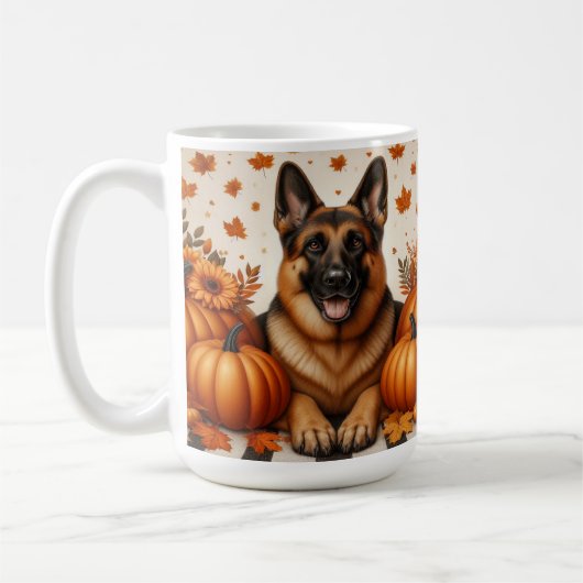 Deutscher Schäferhund mit Pumpkins und Herbstblätt Kaffeetasse (Links)