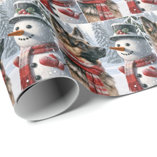 Deutscher Schäferhund mit Schneemann Geschenkpapier (Rolleneckpunkt)