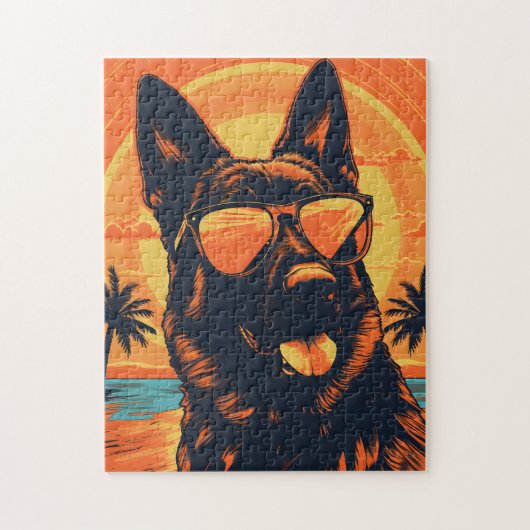 Deutscher Schäferhund mit Sonnenbrille am Strand Puzzle (Vertikal)