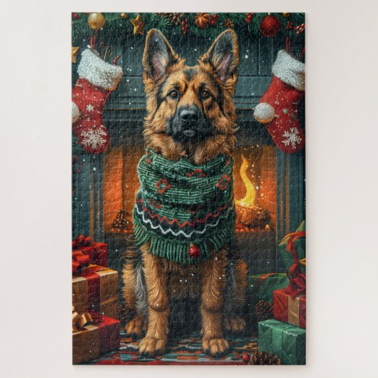 Deutscher Schäferhund mit Weihnachtsgeschenken Feu Puzzle (Vertikal)