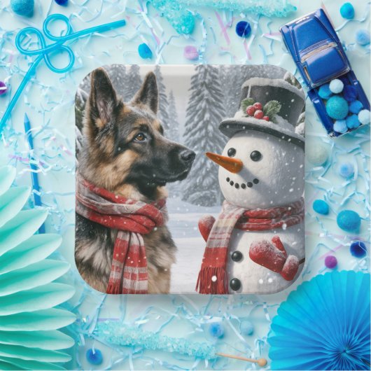 Deutscher Schäferhund mit Weihnachtsschneemann Pappteller (Party)