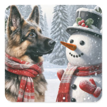 Deutscher Schäferhund mit Weihnachtsschneemann