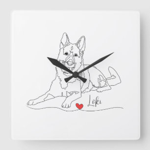 Deutscher Schäferhund Pet Line Art mit Namen Quadratische Wanduhr