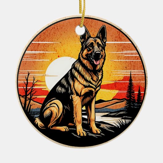 Deutscher Schäferhund Retro-Sonnenuntergang Hundel Keramik Ornament (Vorne)