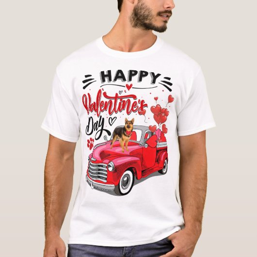 Deutscher Schäferhund Roter Lkw Happy Valentinstag T-Shirt (Vorderseite)