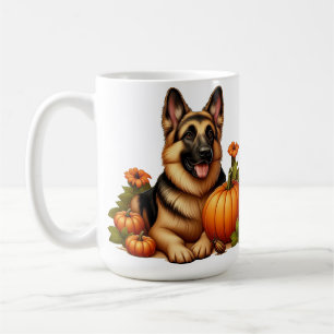 Deutscher Schäferhund ruht mit Kürbissen und Blume Kaffeetasse