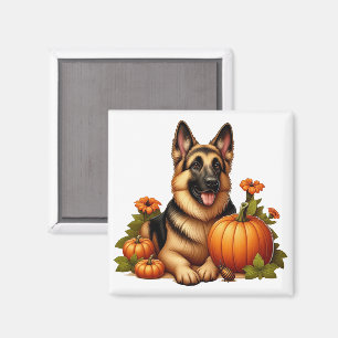 Deutscher Schäferhund ruht mit Kürbissen und Blume Magnet
