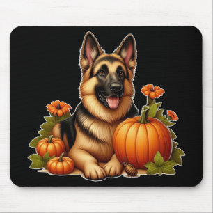Deutscher Schäferhund ruht mit Kürbissen und Blume Mousepad