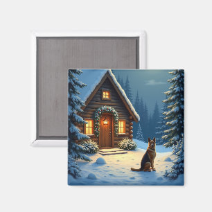 Deutscher Schäferhund Schneewald Hütte Weihnachten Magnet