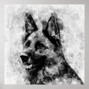 Deutscher Schäferhund Schwarz-Weiß-Aquarell Poster