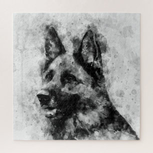 Deutscher Schäferhund Schwarz-Weiß-Wasserfarbe Puzzle