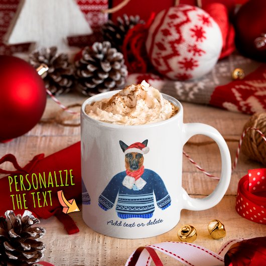 Deutscher Schäferhund trägt hässlichen Sweater Hun Kaffeetasse