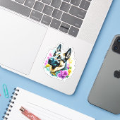 Deutscher Schäferhund umgeben von Blume Aufkleber (Laptop mit iPhone)
