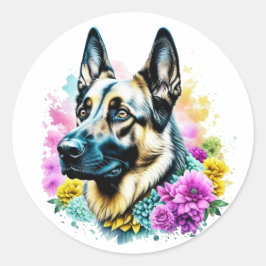 Deutscher Schäferhund umgeben von Blume Runder Aufkleber