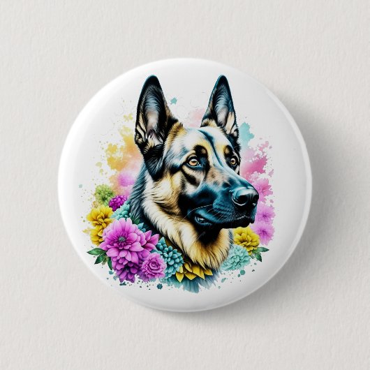Deutscher Schäferhund und Blume ai art Button (Vorderseite)