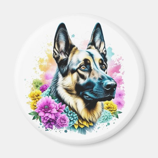 Deutscher Schäferhund und Blume ai art Magnet (Vorne)