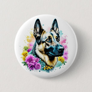 Deutscher Schäferhund und Blumen AI-Kunst Button