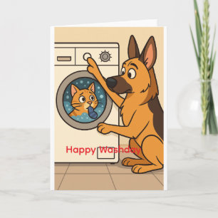 Deutscher Schäferhund und Katzenwäsche Humor Karte