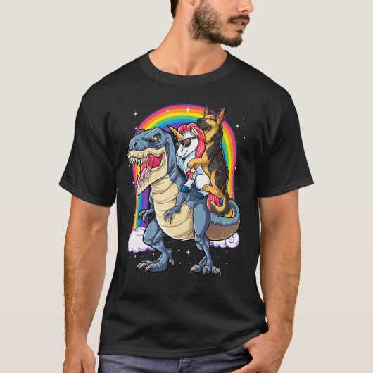 Deutscher Schäferhund Unicorn Riding Dinosaur T Re T-Shirt (Vorderseite)