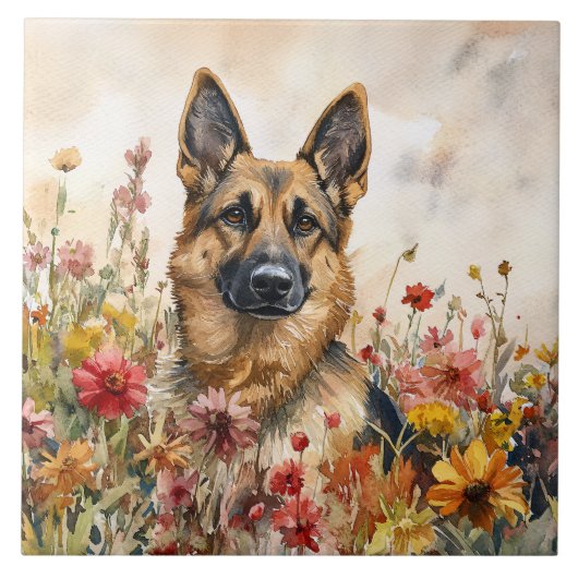 Deutscher Schäferhund unter lebendigen Wildblumen Fliese (Vorderseite)