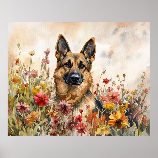 Deutscher Schäferhund unter lebendigen Wildblumen Poster (Vorne)