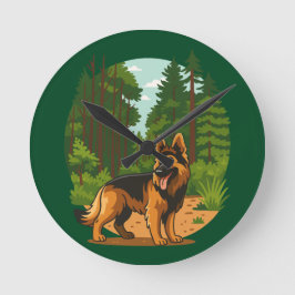Deutscher Schäferhund Wald Abenteuer Hund  Runde Wanduhr