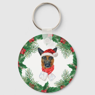 Deutscher Schäferhund Wasserfarbe Weihnachtskiefer Schlüsselanhänger