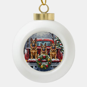 Deutscher Schäferhund Weihnachten Rotes Lastwagen  Keramik Kugel-Ornament