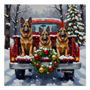 Deutscher Schäferhund Weihnachten Rotes Lastwagen  Poster