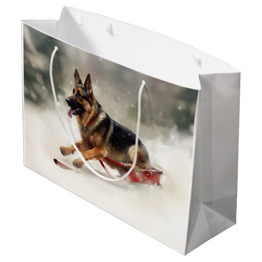 Deutscher Schäferhund Weihnachtsschnee im Winter Große Geschenktüte (Rückseite Schrägansicht)