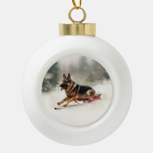 Deutscher Schäferhund Weihnachtsschnee im Winter Keramik Kugel-Ornament (Vorderseite)