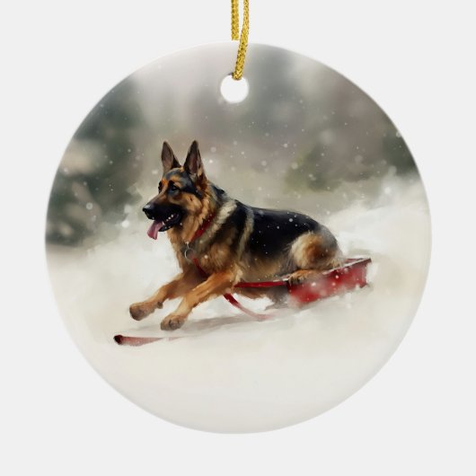 Deutscher Schäferhund Weihnachtsschnee im Winter Keramik Ornament (Vorne)