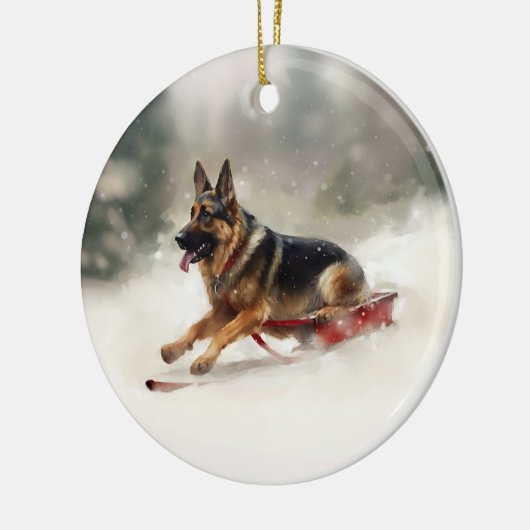Deutscher Schäferhund Weihnachtsschnee im Winter Keramik Ornament (Links)