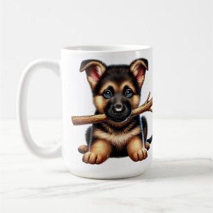 Deutscher Schäferhund-Welpe hält einen Stock im Ma Kaffeetasse