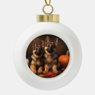 Deutscher Schäferhund Welpe Herbstfreude Kürbis Keramik Kugel-Ornament