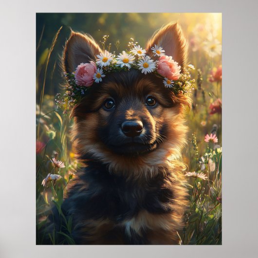 Deutscher Schäferhund-Welpe mit Blumenkrone Poster (Vorne)
