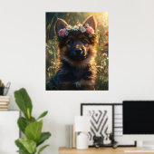 Deutscher Schäferhund-Welpe mit Blumenkrone Poster (Heimbüro)