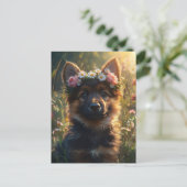 Deutscher Schäferhund-Welpe mit Blumenkrone Postkarte (Stehend Vorderseite)