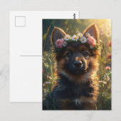 Deutscher Schäferhund-Welpe mit Blumenkrone Postkarte (Vorne/Hinten)