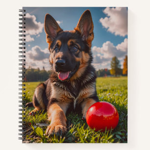 Deutscher Schäferhund-Welpe mit Spielzeug Notizblock