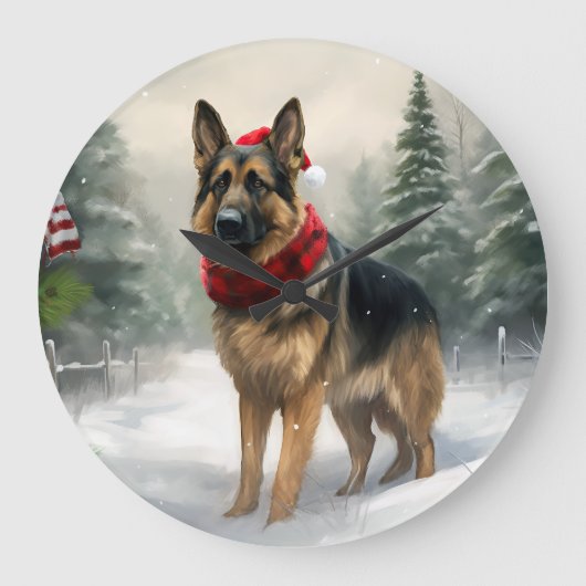 Deutscher Schäferhund zu Weihnachten im Schnee Große Wanduhr (Vorderseite)