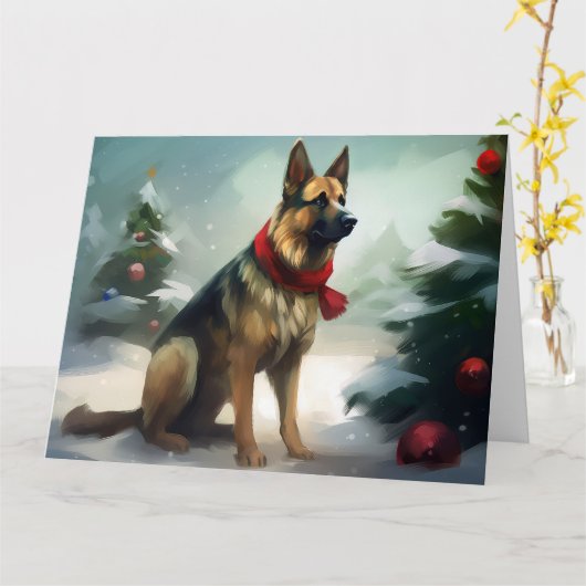 Deutscher Schäferhund zu Weihnachten im Schnee Karte (Gelbe Blume)